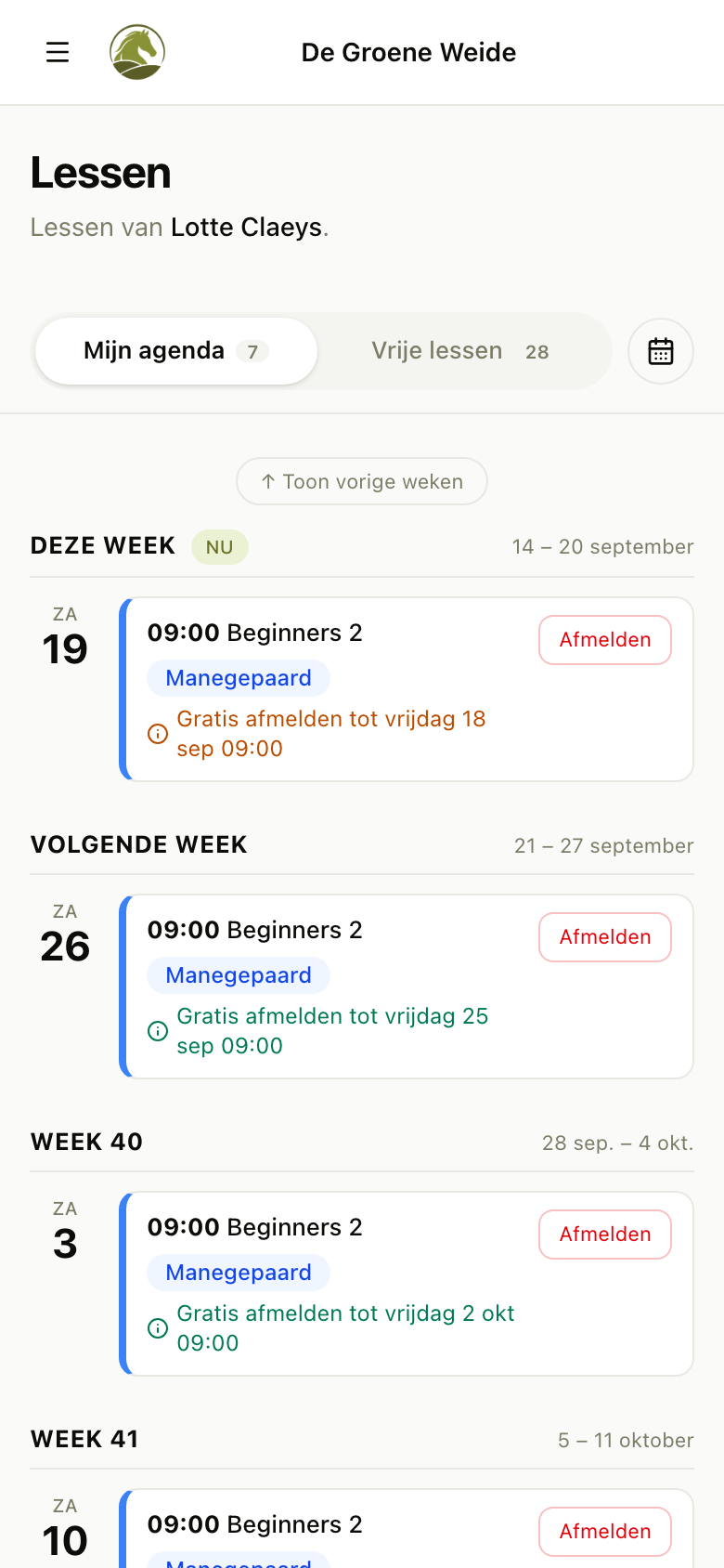 Lessenoverzicht per week in het klantenportaal, met een knop om af te melden